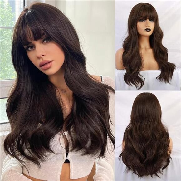 Long Brown Synthetic Natural Wave Wigs - Picture 1 of 6
